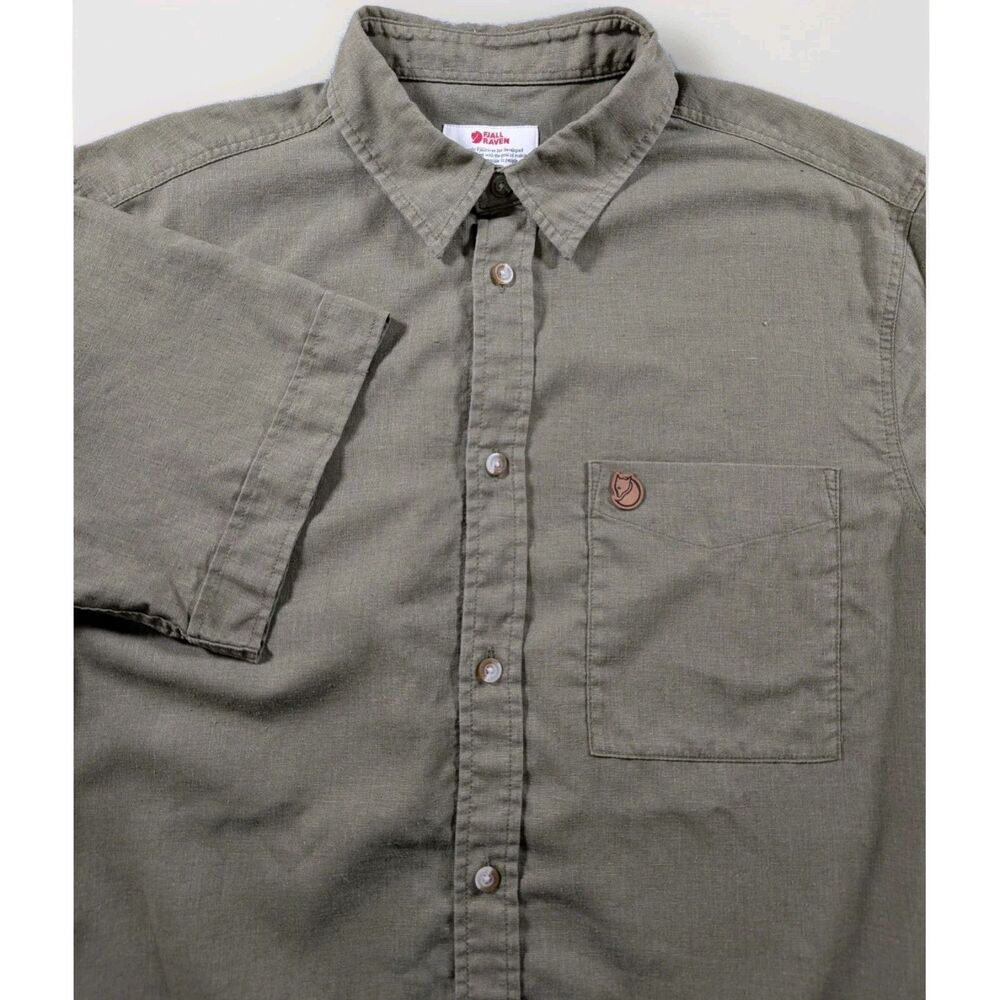 Fjällräven Ovik Travel Shirt Mens M Green Button Up Hemp Blend Comfort Fit Pocke